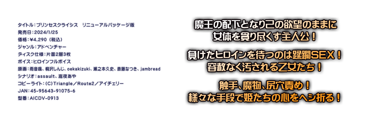 

�^�C�g���F�v�����Z�X�N���C�V�X�@���j���[�A���p�b�P�[�W��
�������F2024/1/25
���i�F\4,290 �i�ō��j
�W�������F�A�h�x���`���[
�f�B�X�N�d�l�F�ЖʂQ�w�R��
�{�C�X�F�q���C���t���{�C�X
����F�J���D�A�ˑ򂵂񂶁A���������������������A���V�{�v�j�A�֓��Ȃ��A����������������
�V�i���I�F���������������A���邠��
�R�s�[���C�g�F(C)Triangle�^Route2�^�A�C�`�F���[
JAN�F45-95643-91075-6
�^�ԁFAICDV-0913

